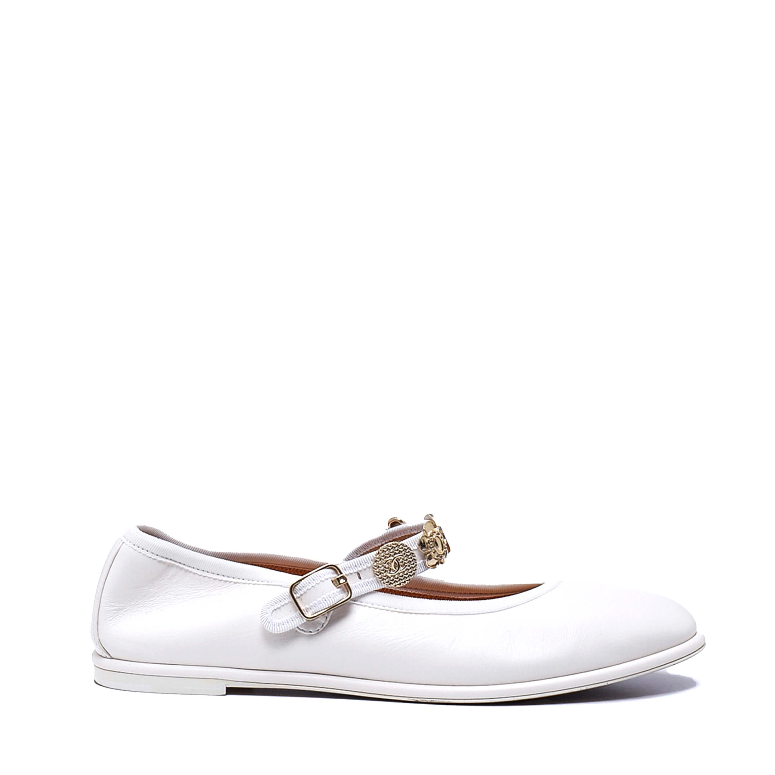 Chanel - Metiers White Leather Mary Jane Flats Shoes / 40 